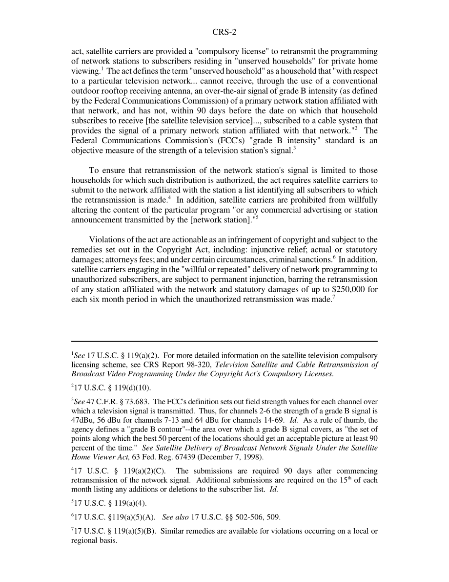 [19991126]RS20057_Retransmission of Network Programming Under the Satellite Home Viewer Act Summary of the PrimeTime 24 Decision.pdf_第2页