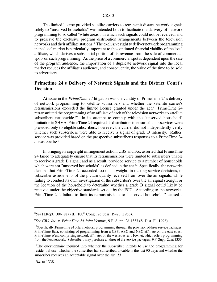 [19991126]RS20057_Retransmission of Network Programming Under the Satellite Home Viewer Act Summary of the PrimeTime 24 Decision.pdf_第3页