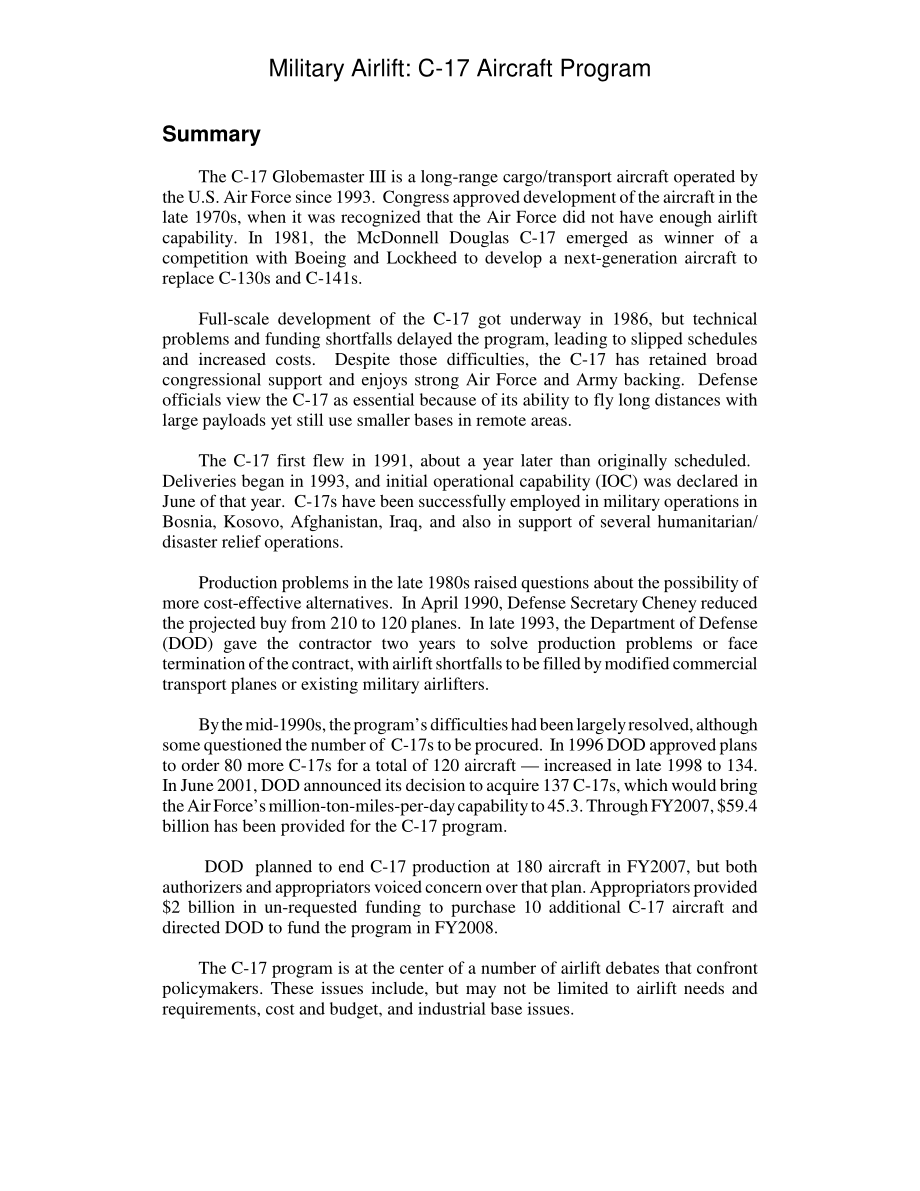 [20070605]RL30685_军事空运：C-17飞机项目.pdf_第2页