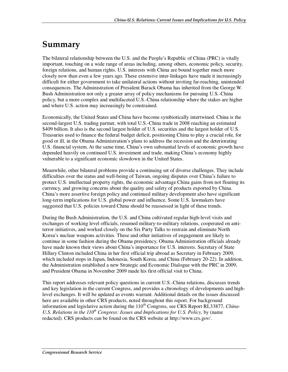 [20091120]R40457_中美关系：当前问题和对美国政策的影响 .pdf_第2页