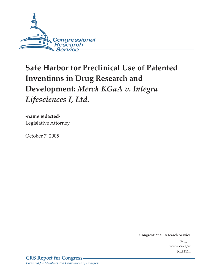 [20051007]RL33114_药物研发中专利发明临床前使用的安全港：默克KGaA诉Integra Lifesciences I有限公司.pdf_第1页
