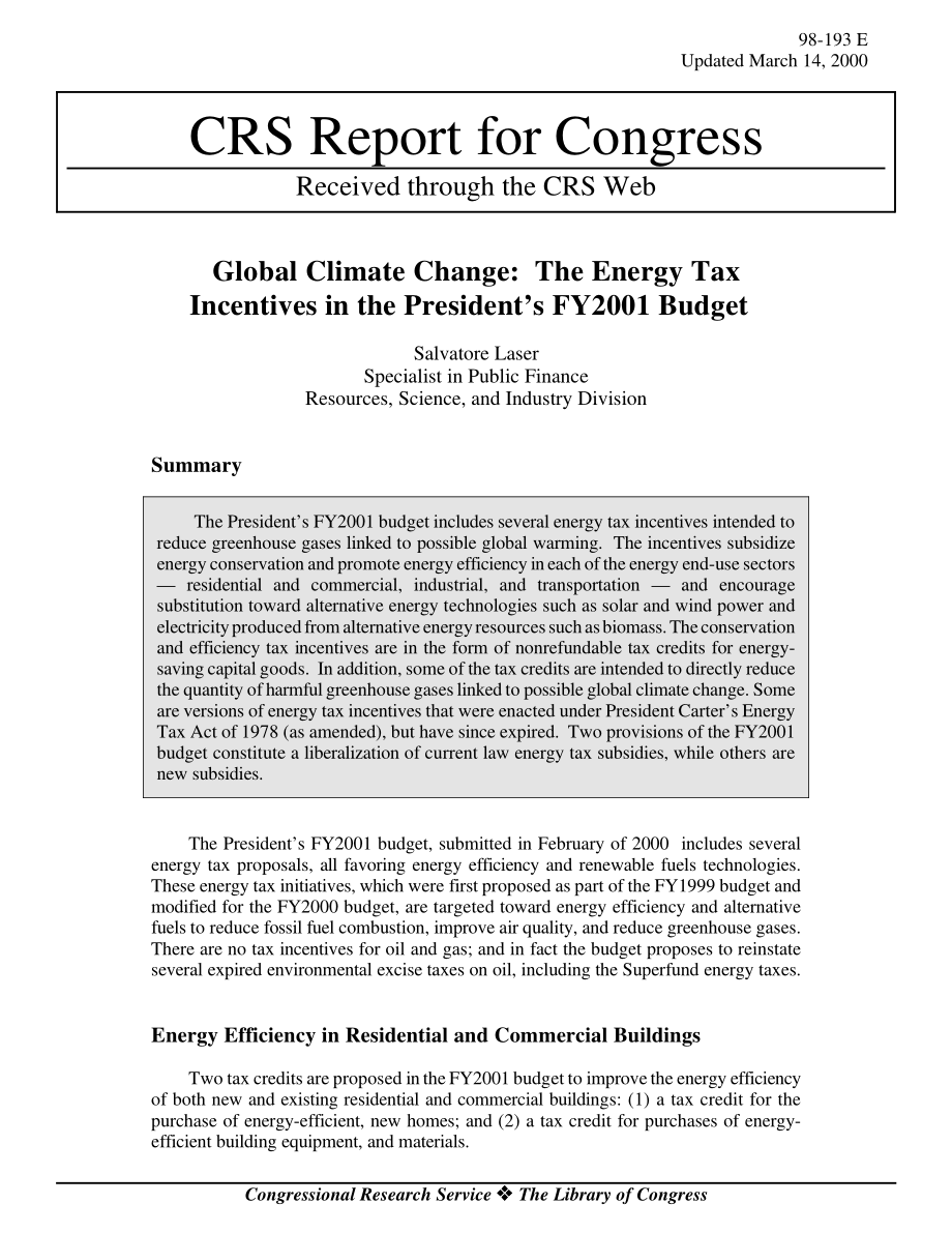 [20000314]98-193_全球气候变化：总统2001财年预算中的能源税激励措施.pdf_第1页