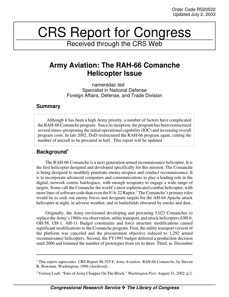 [20030702]RS20522_陆军航空：RAH-66科曼奇直升机问题.pdf_第1页