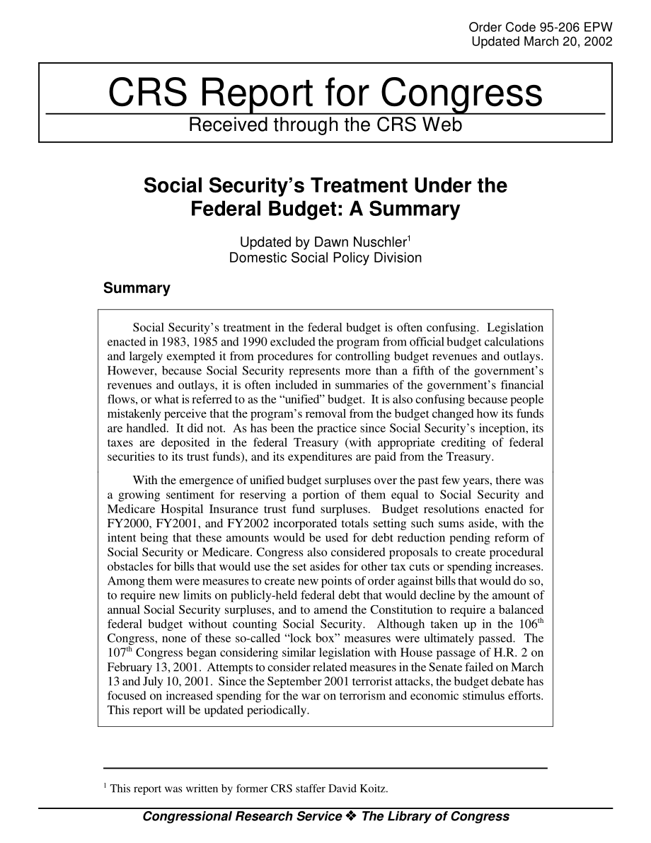 [20020320]95-206EPW_联邦预算下的社会保障待遇：摘要.pdf_第1页