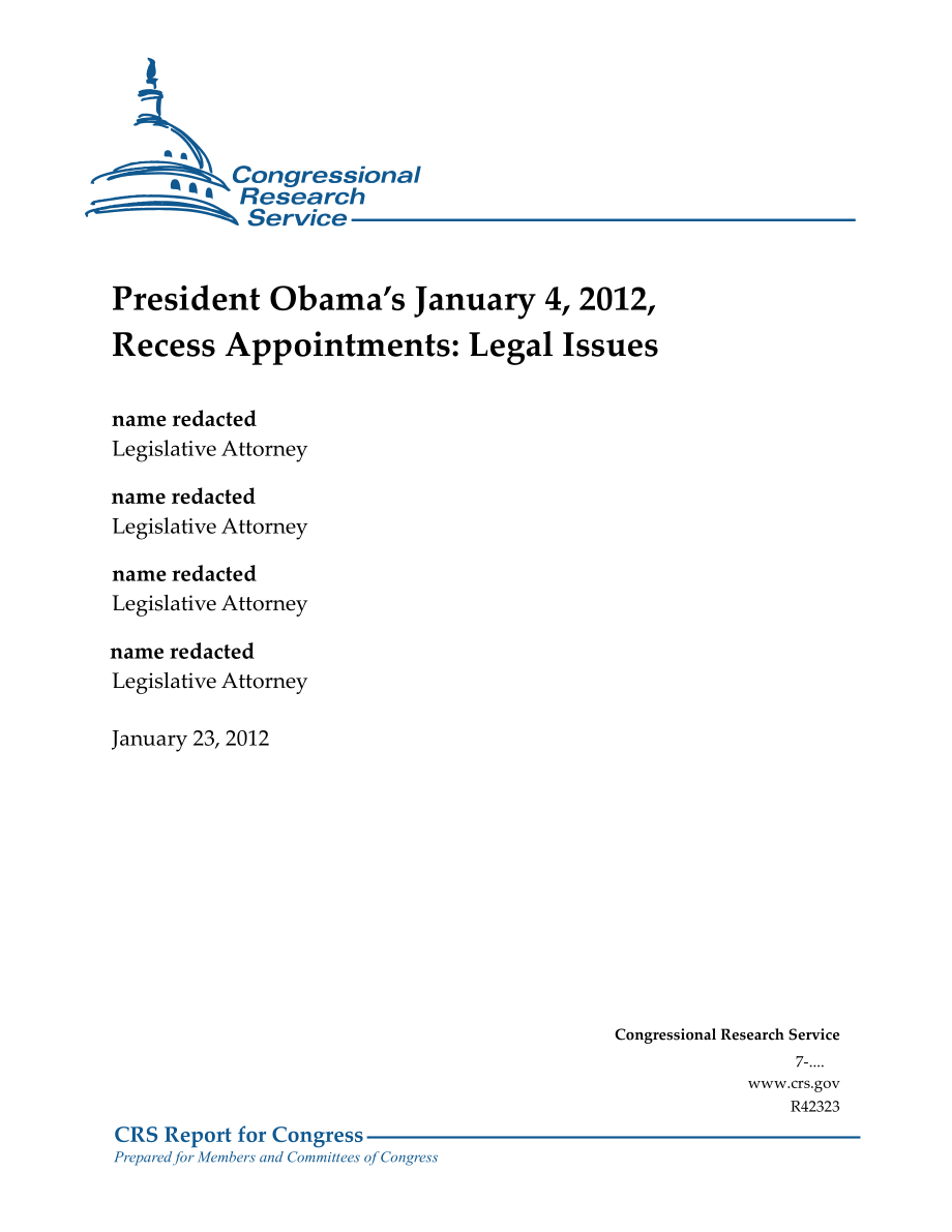 [20120123]R42323_奥巴马总统2012年1月4日休会任命：法律问题.pdf_第1页