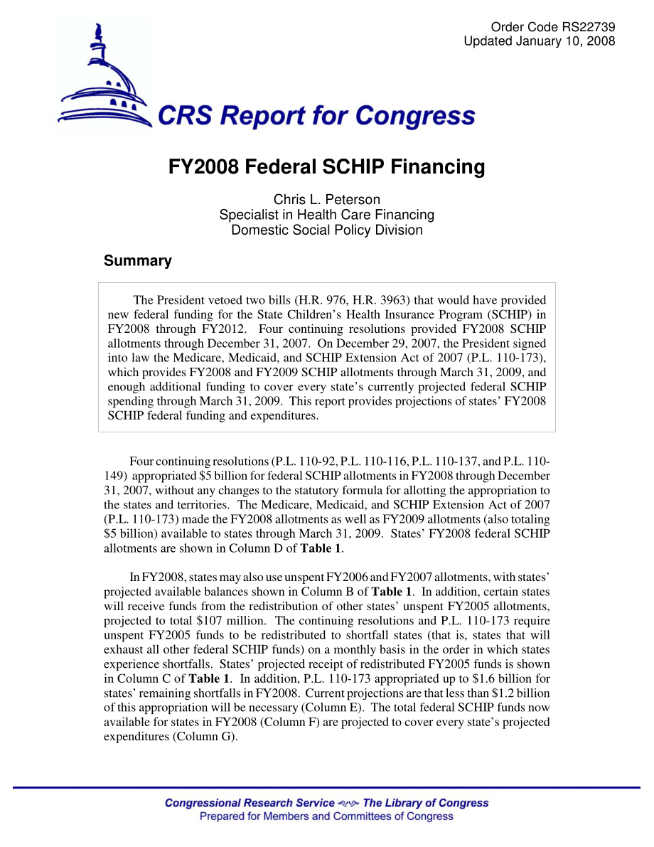 [20080110]RS22739_2008财年联邦SCHIP融资.pdf_第1页