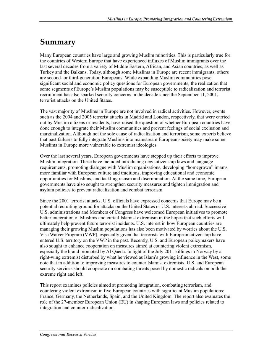 [20110907]RL33166_欧洲穆斯林：促进融合和打击极端主义.pdf_第2页