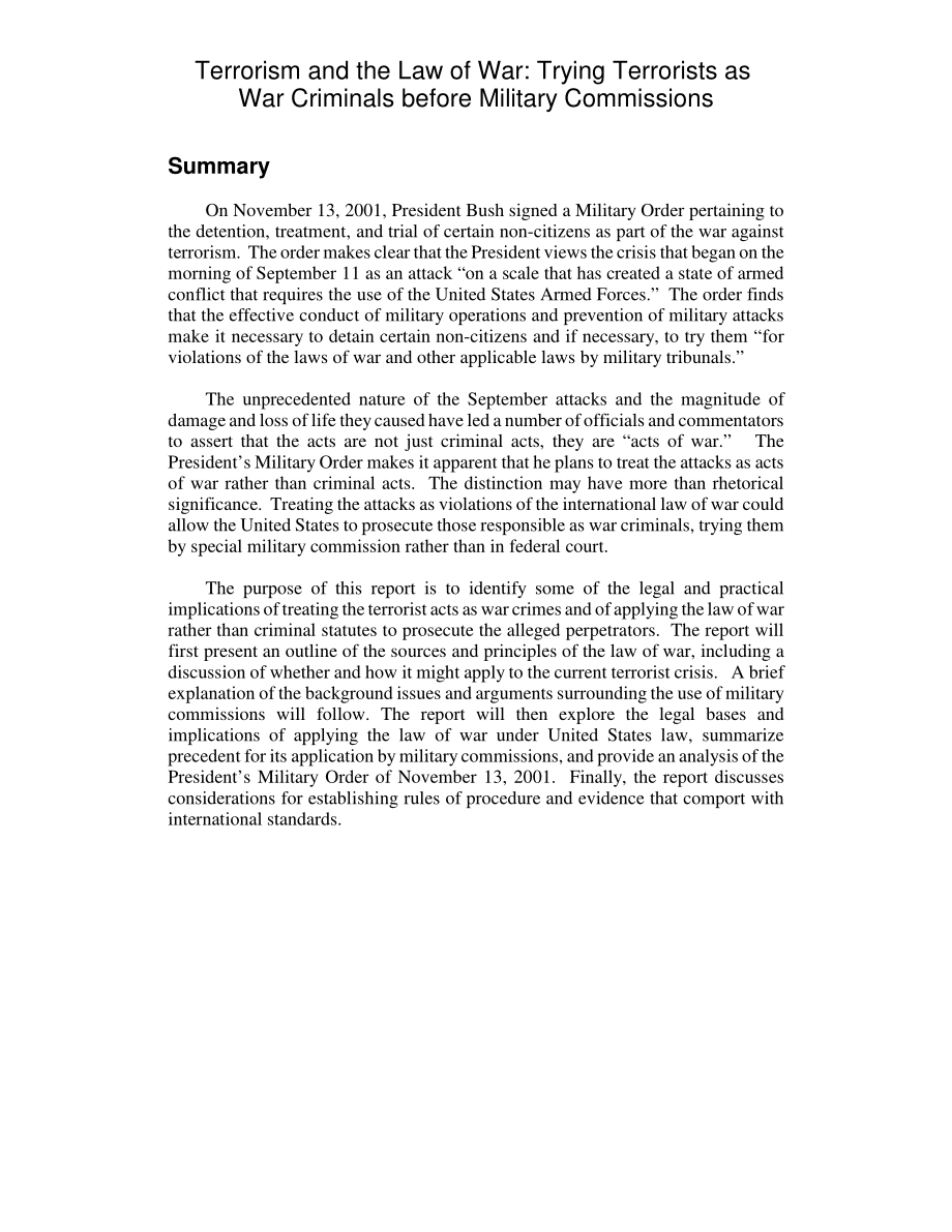 [20011211]RL31191_恐怖主义与战争法：在军事委员会面前把恐怖分子当作战犯审判.pdf_第2页