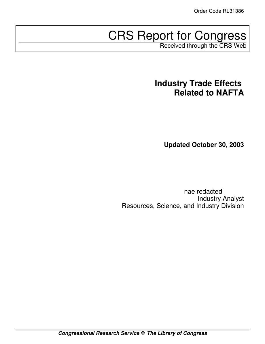 [20031030]RL31386_与NAFTA相关的产业贸易效应.pdf_第1页