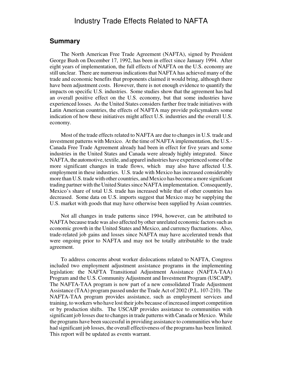 [20031030]RL31386_与NAFTA相关的产业贸易效应.pdf_第2页