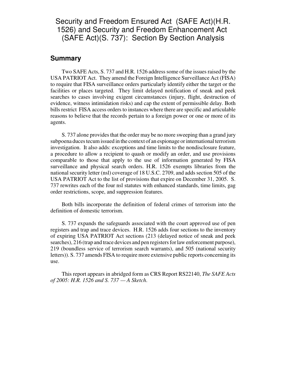 [20050509]RL32907_安全和自由保障法案（安全法案）（H.R.1526）和《加强安全和自由法案》（SAFE法案）（第737条）：逐节分析.pdf_第2页