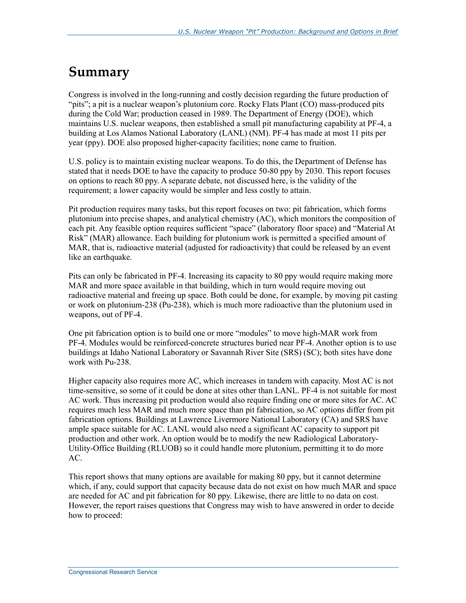 [20140320]R43428_美国核武器“坑”生产：背景和选项简介.pdf_第2页