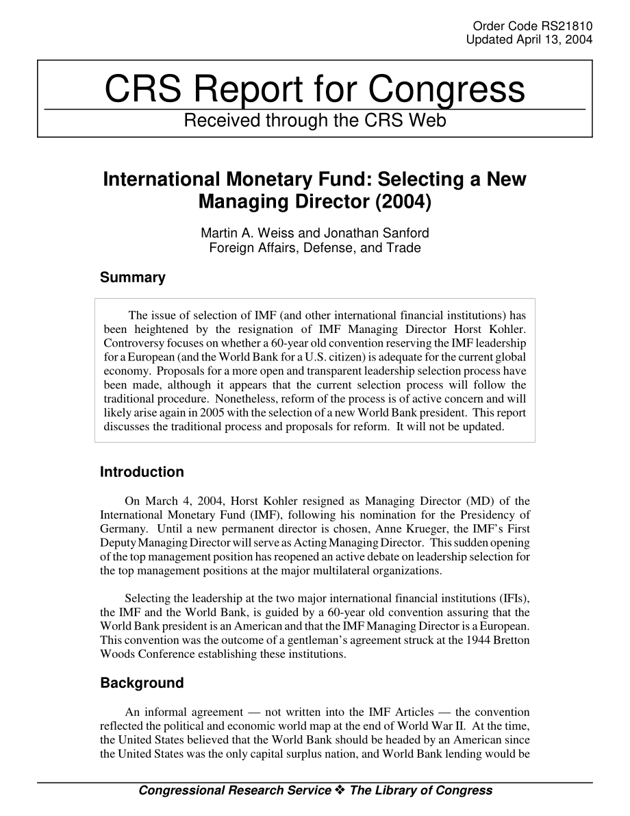 [20040413]RS21810_国际货币基金组织：选择新的总经理（2004年）.pdf_第1页