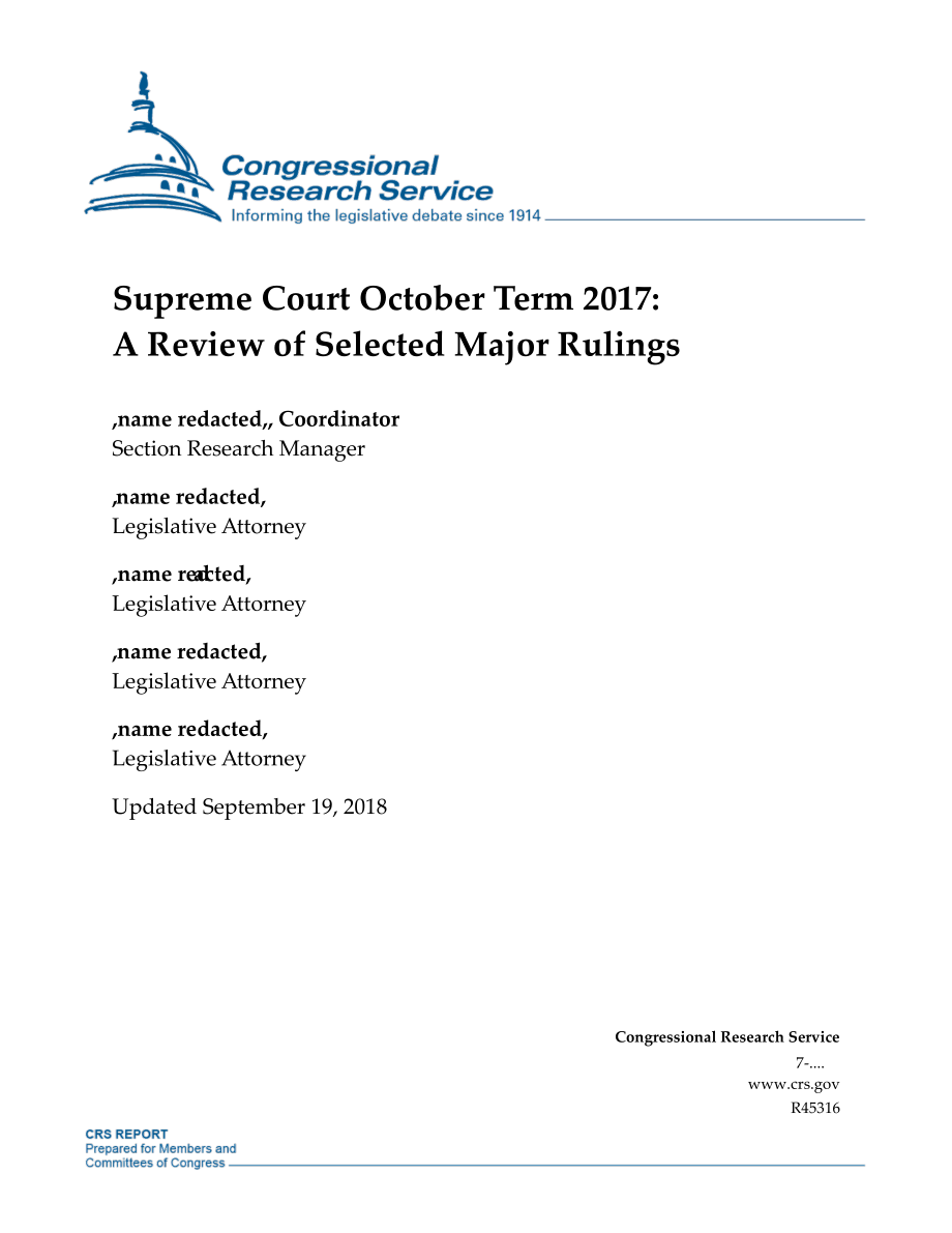 [20180919]R45316_最高法院2017年10月任期：对选定主要裁决的审查.pdf_第1页