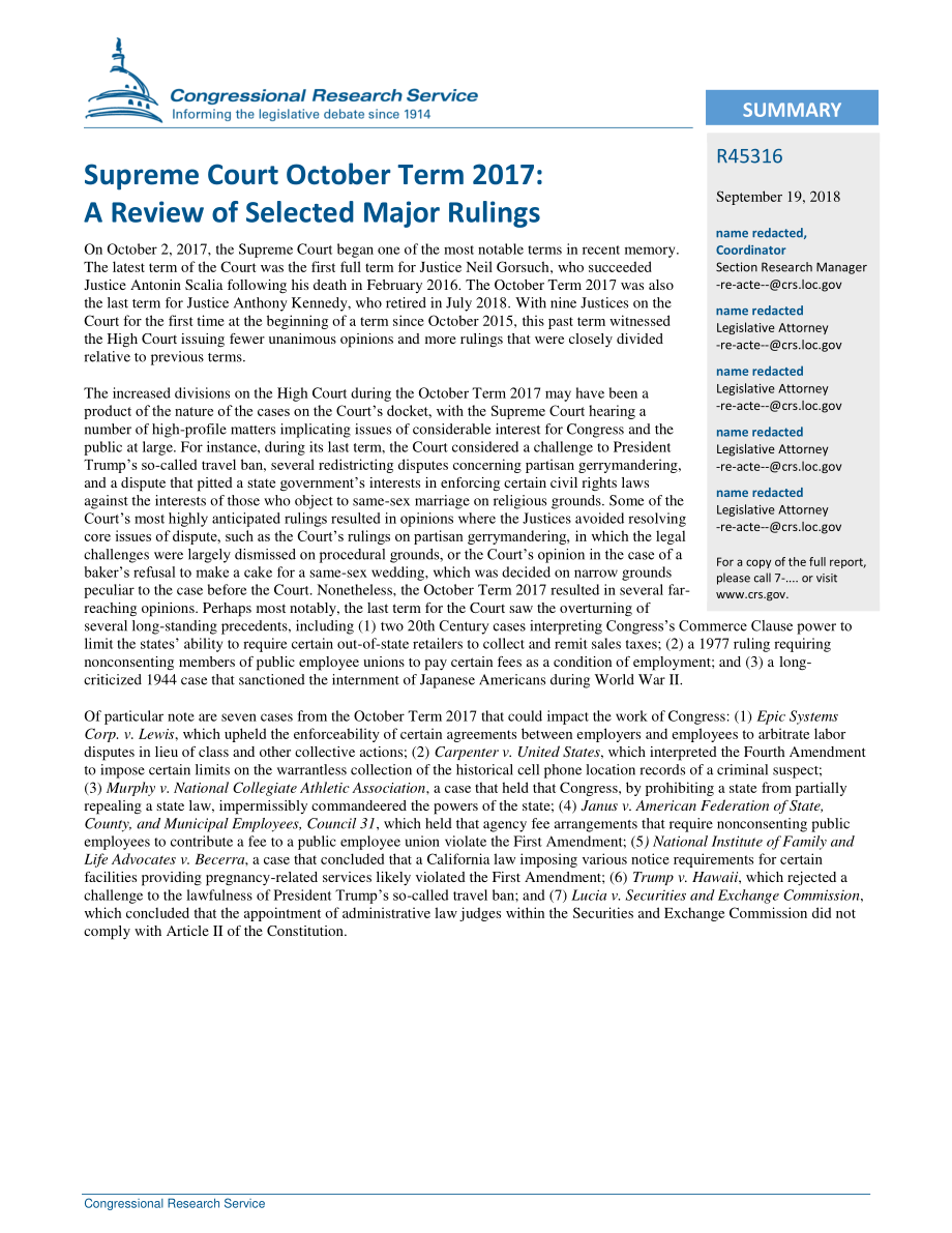 [20180919]R45316_最高法院2017年10月任期：对选定主要裁决的审查.pdf_第2页