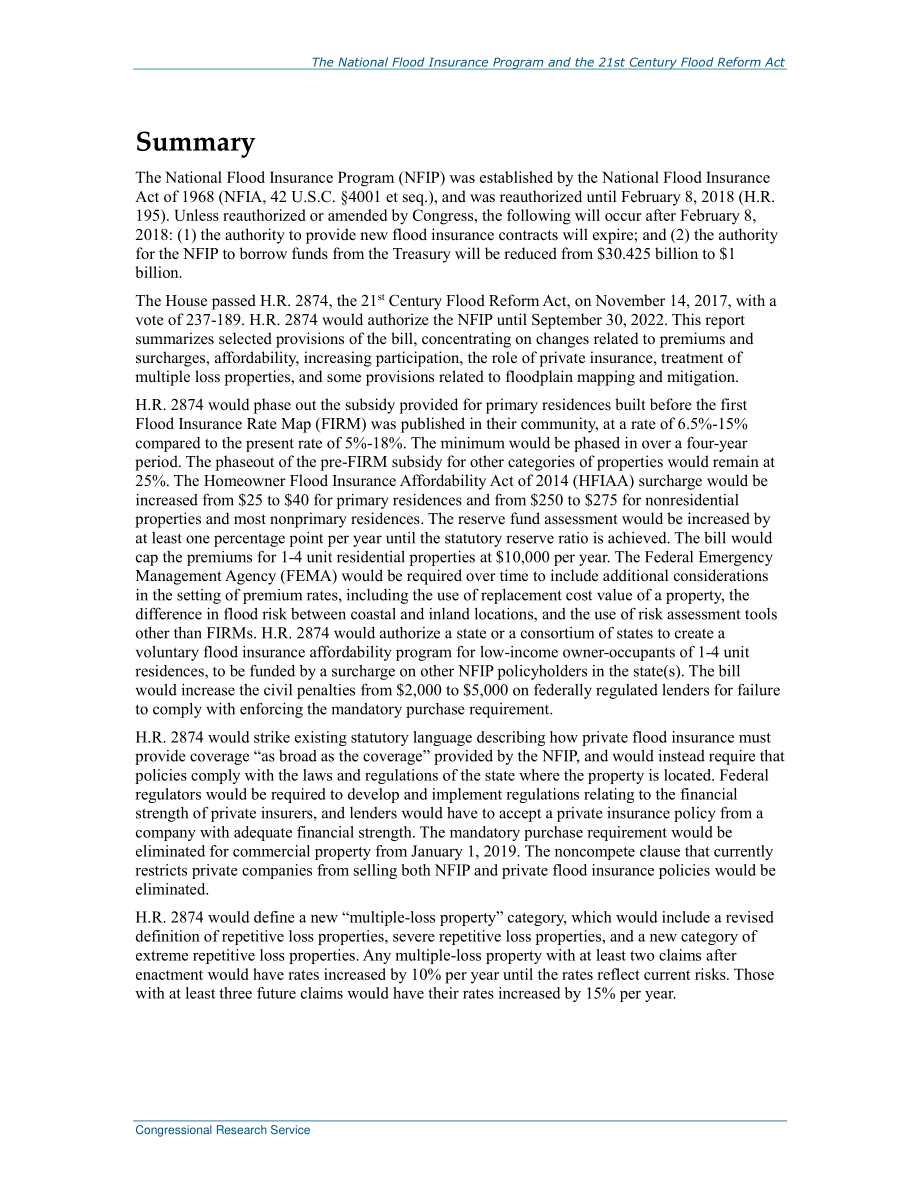 [20180123]R45019_《21世纪洪水改革法案》（H.R.2874) 改革国家洪水保险计划.pdf_第2页