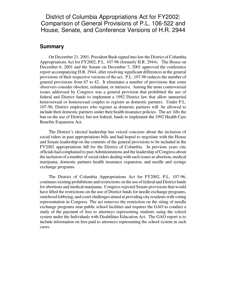 [20020120]RL31159_2002财年哥伦比亚特区拨款法：比较P.L.的一般规定106-522以及众议院、参议院和会议版本的H.R.2944.pdf_第2页