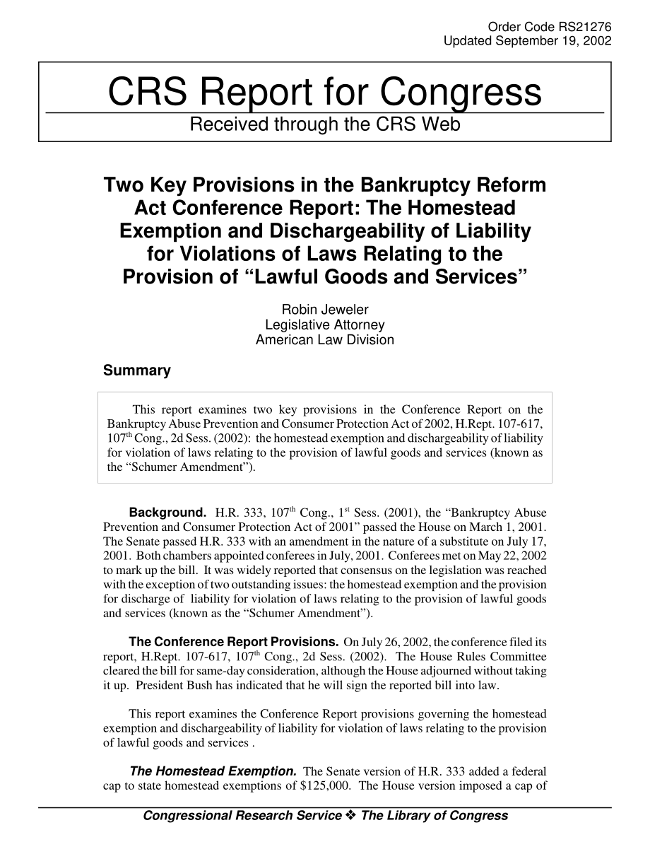 [20020919]RS21276_《破产改革法案》会议报告中的两项关键规定：宅地免除和解除与提供“合法商品和服务”相关的违法责任.pdf_第1页