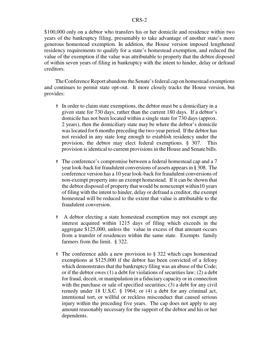[20020919]RS21276_《破产改革法案》会议报告中的两项关键规定：宅地免除和解除与提供“合法商品和服务”相关的违法责任.pdf_第2页