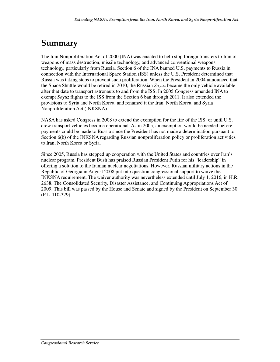 [20081001]RL34477_延长美国宇航局对伊朗、朝鲜和叙利亚防扩散法案的豁免.pdf_第2页