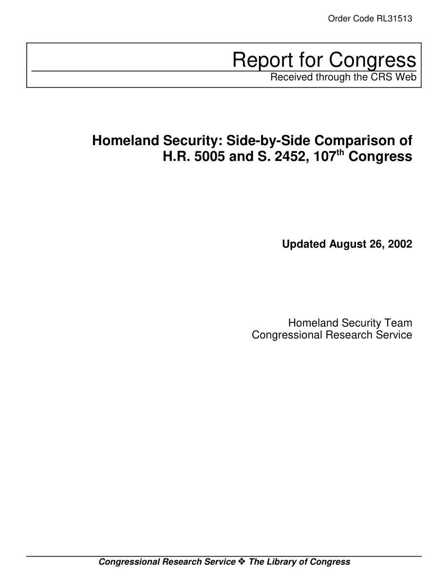 [20020826]RL31513_国土安全部：H.R.的并列比较5005和S.2452第107届国会.pdf_第1页