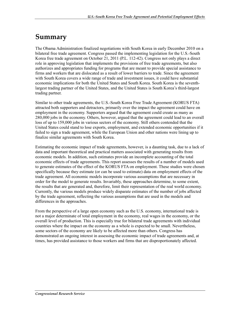 [20120104]R41660_美韩自由贸易协定和潜在就业影响：研究分析.pdf_第2页