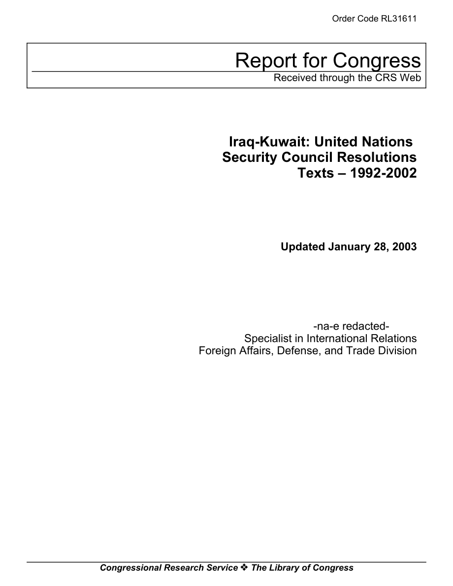 [20030128]RL31611_伊拉克-科威特：联合国安全理事会决议文本——1992-2002年.pdf_第1页