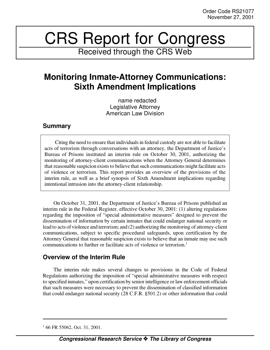 [20011127]RS21077_监控囚犯律师通信：第六修正案的影响.pdf_第1页