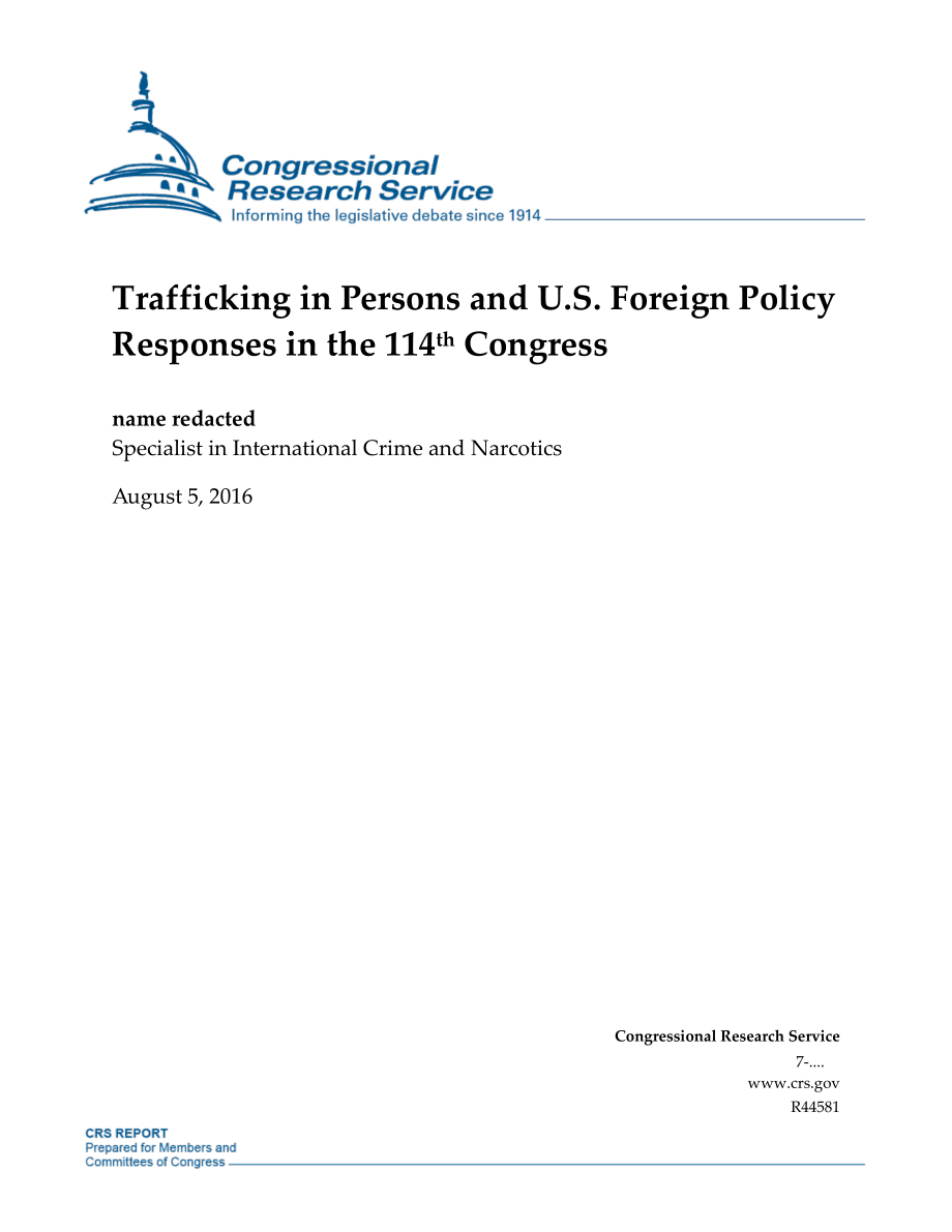 [20160805]R44581_第114届国会的人口贩运与美国外交政策应对.pdf_第1页