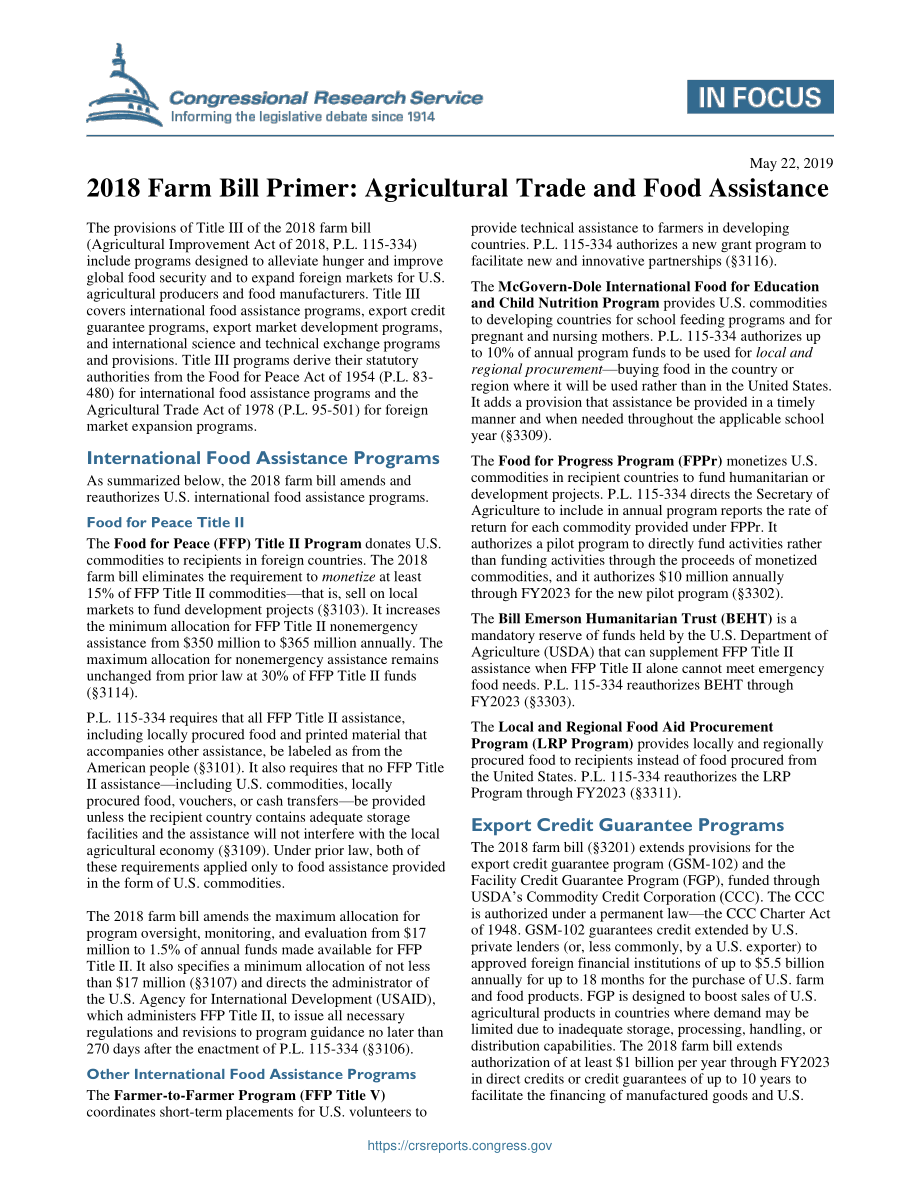 [20190522]IF11223_2018年农业法案入门：农业贸易和粮食援助.pdf_第1页