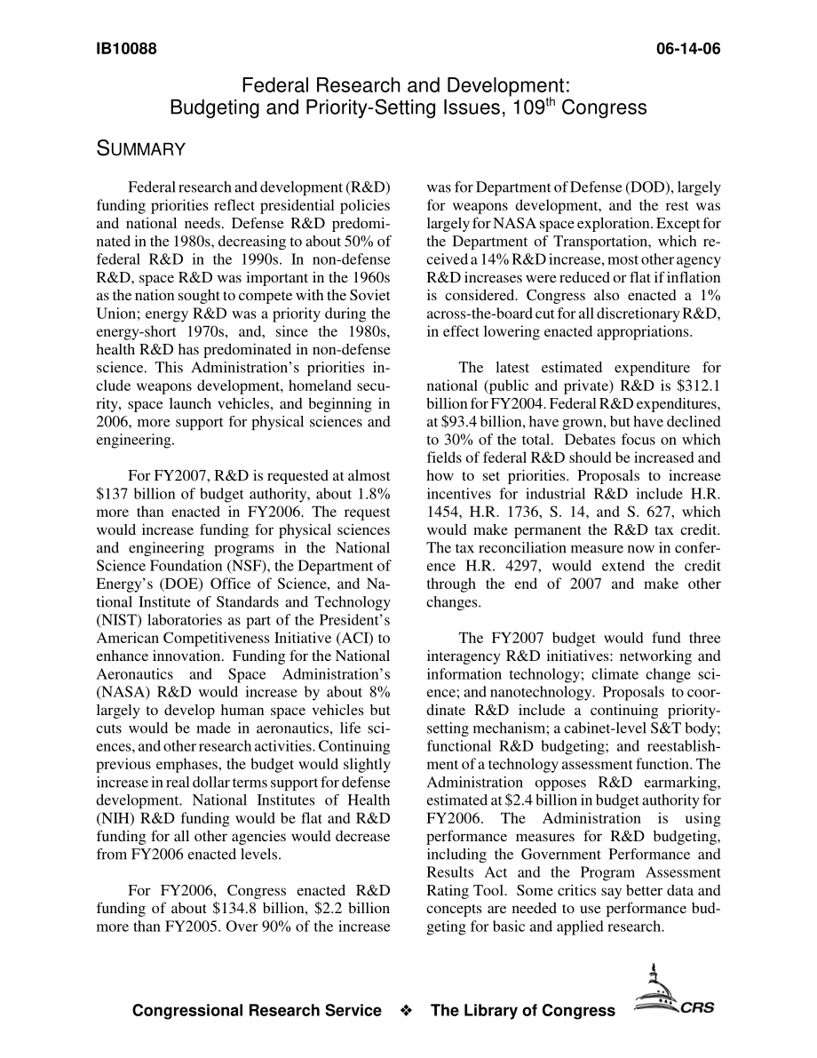 [20060614]IB10088_联邦研发：第109届国会预算编制和优先事项设定问题.pdf_第3页