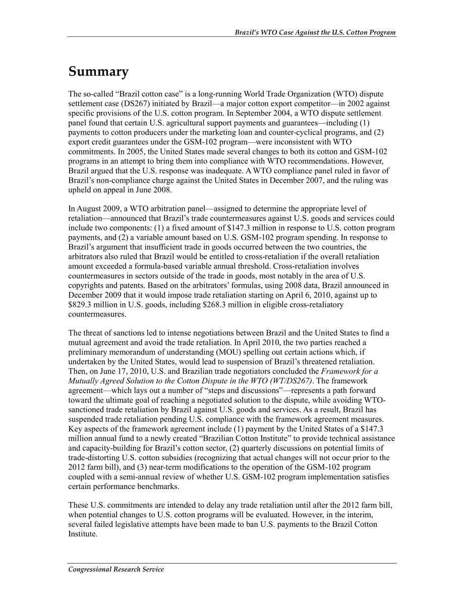 [20111122]RL32571_巴西反对美国棉花计划的WTO案例.pdf_第2页
