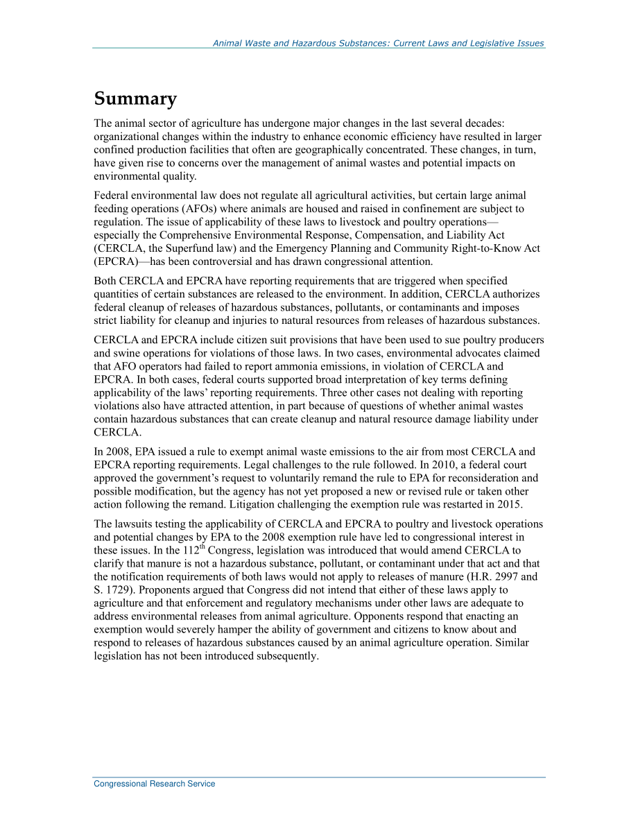 [20160603]RL33691_动物废弃物和有害物质：现行法律和立法问题.pdf_第2页