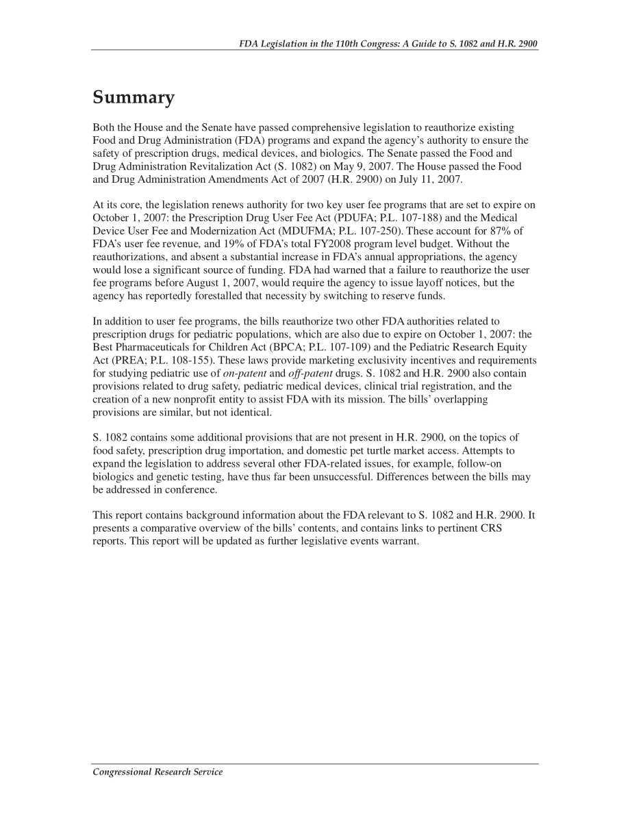 [20070806]RL34089_第110届国会FDA立法：S.1082和H.R.指南2900.pdf_第2页