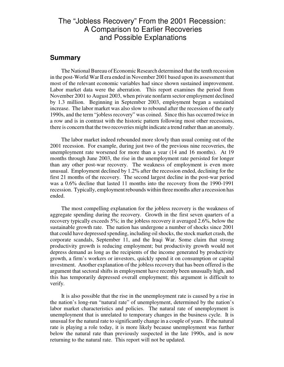 [20040812]RL32047_2001年经济衰退后的失业复苏：与早期恢复的比较和可能的解释.pdf_第2页