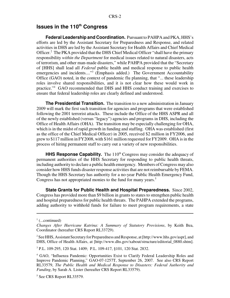 [20080801]RS22602_公共卫生和医疗准备与响应：第110届国会议题.pdf_第2页