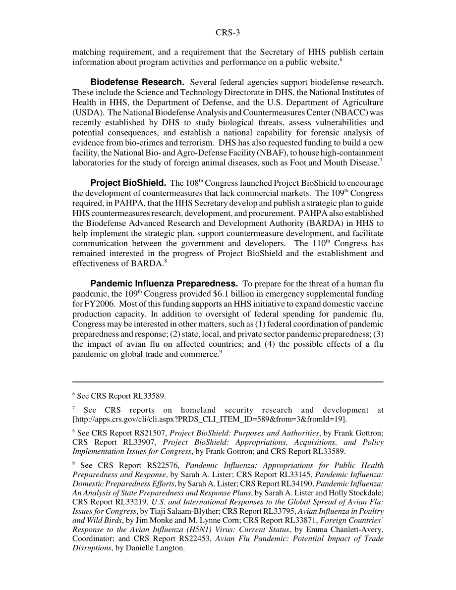 [20080801]RS22602_公共卫生和医疗准备与响应：第110届国会议题.pdf_第3页