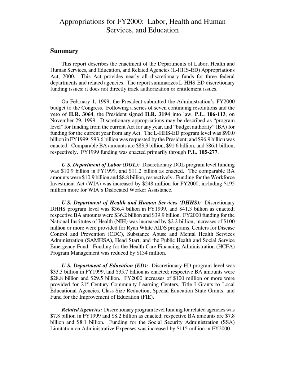 [19991217]RL30203_2000财年拨款：劳动、卫生和公共服务以及教育.pdf_第3页