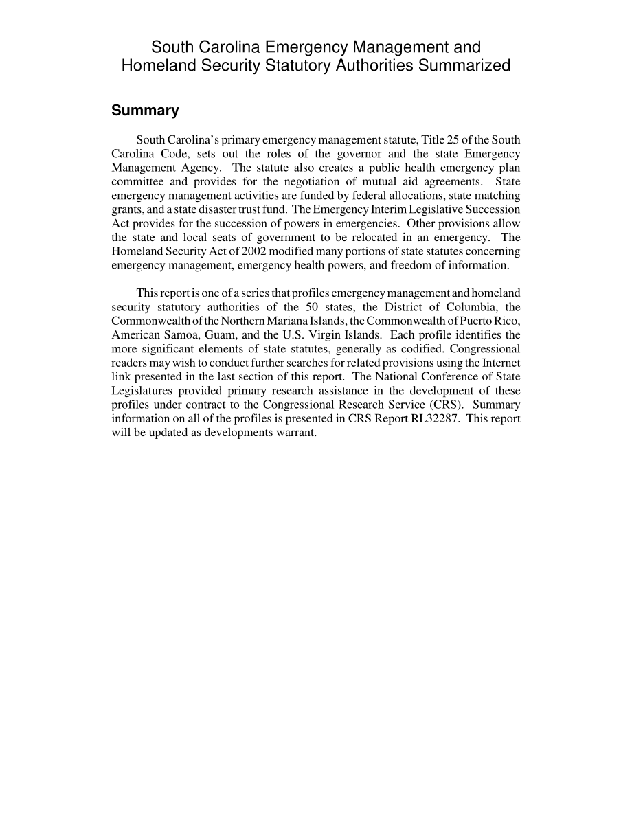 [20040618]RL32434_南卡罗来纳州应急管理和国土安全法定机构总结.pdf_第2页