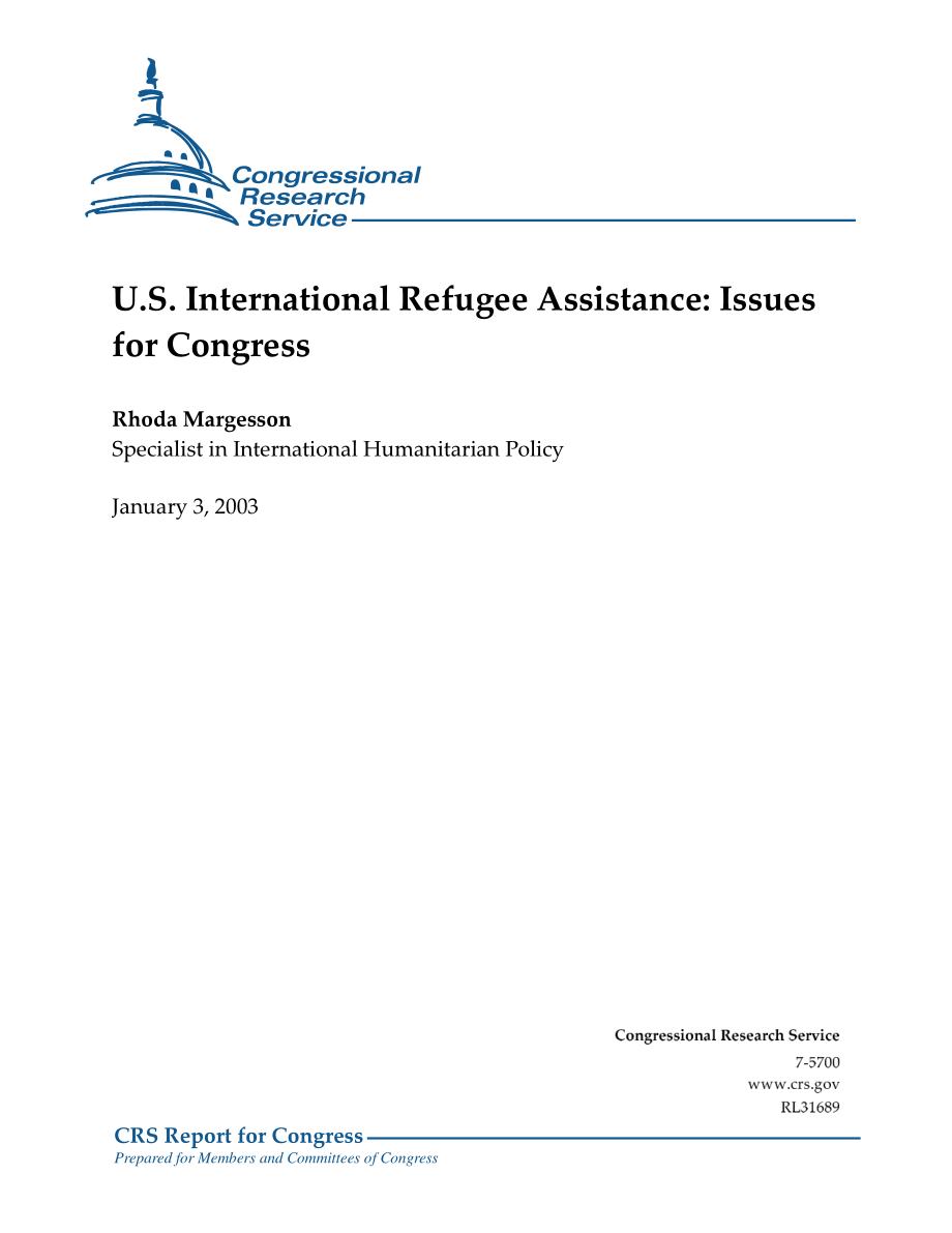 [20030103]RL31689_美国国际难民援助：国会议题.pdf_第1页