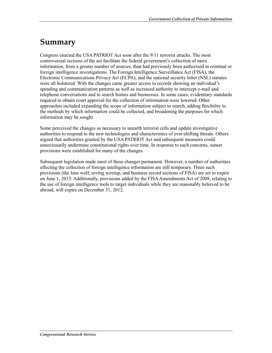 [20110616]R40980_政府收集私人信息：《美国爱国者法案》重新授权的背景和相关问题.pdf_第2页