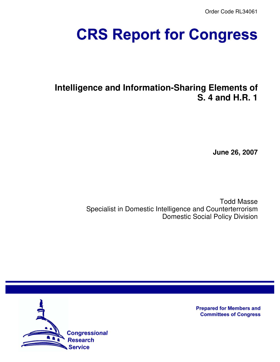 [20070626]RL34061_S.4和H.R.的情报和信息共享要素1.pdf_第1页