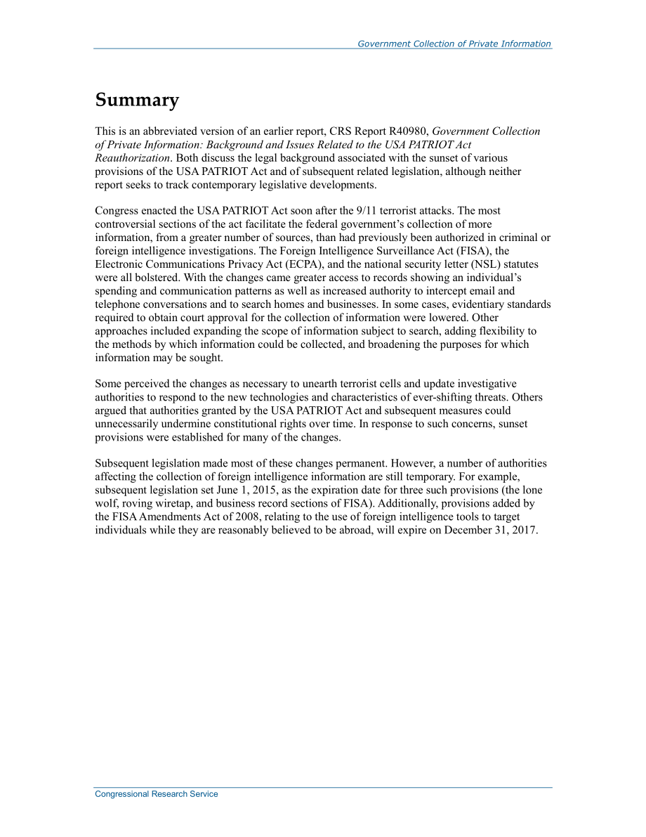 [20150519]R44042_政府收集私人信息：简要介绍《美国爱国者法案》重新授权的背景和相关问题.pdf_第2页