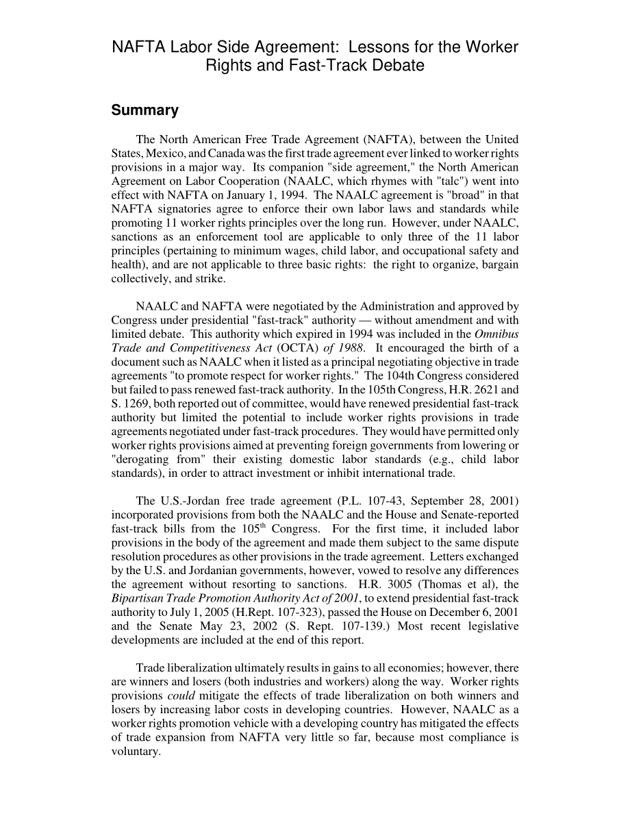 [20020611]97-861E_NAFTA劳资协议：工人权利和快车道辩论的教训.pdf_第2页