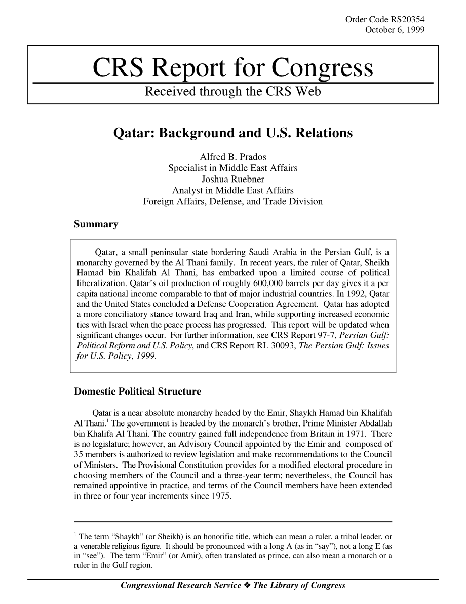 [19991006]RS20354_卡塔尔：背景和美国关系.pdf_第1页