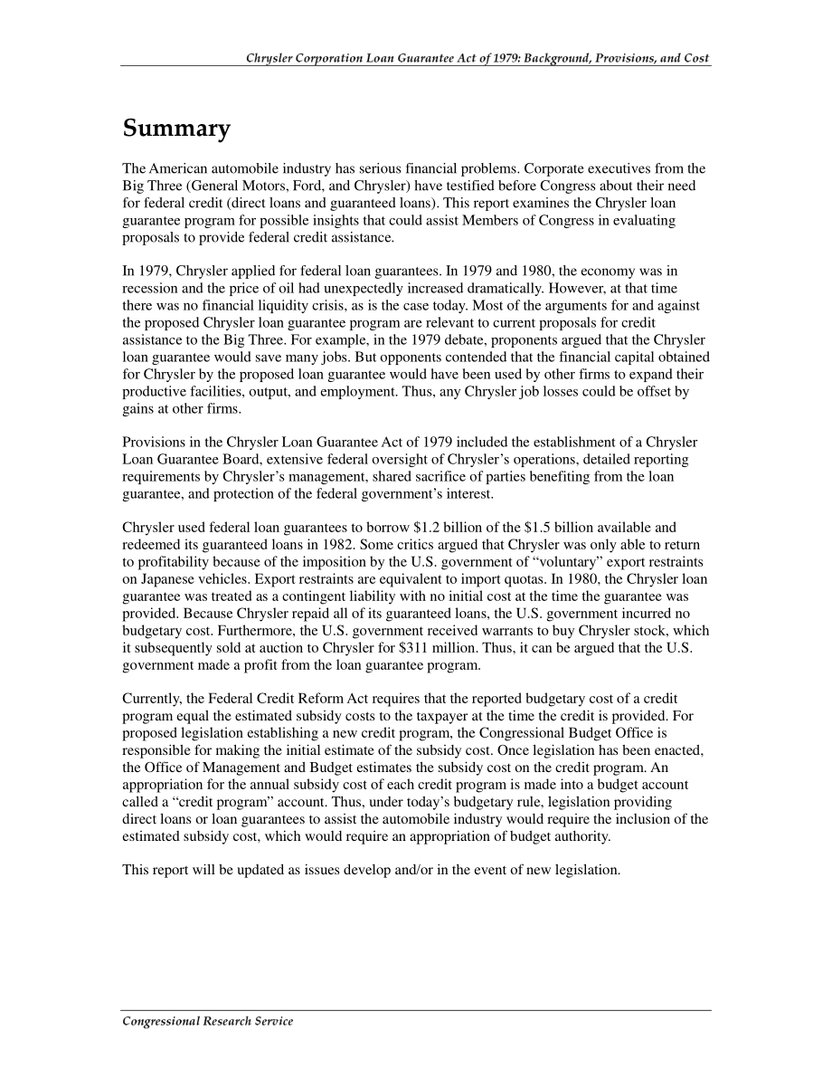 [20081217]R40005_1979年克莱斯勒公司贷款担保法：背景、准备金和成本.pdf_第2页