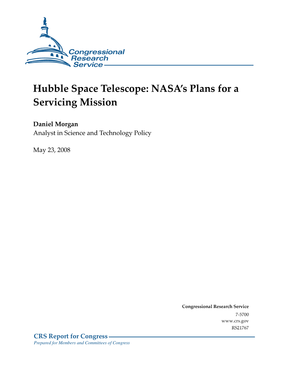 [20080523]RS21767_哈勃太空望远镜：NASA的维修任务计划.pdf_第1页