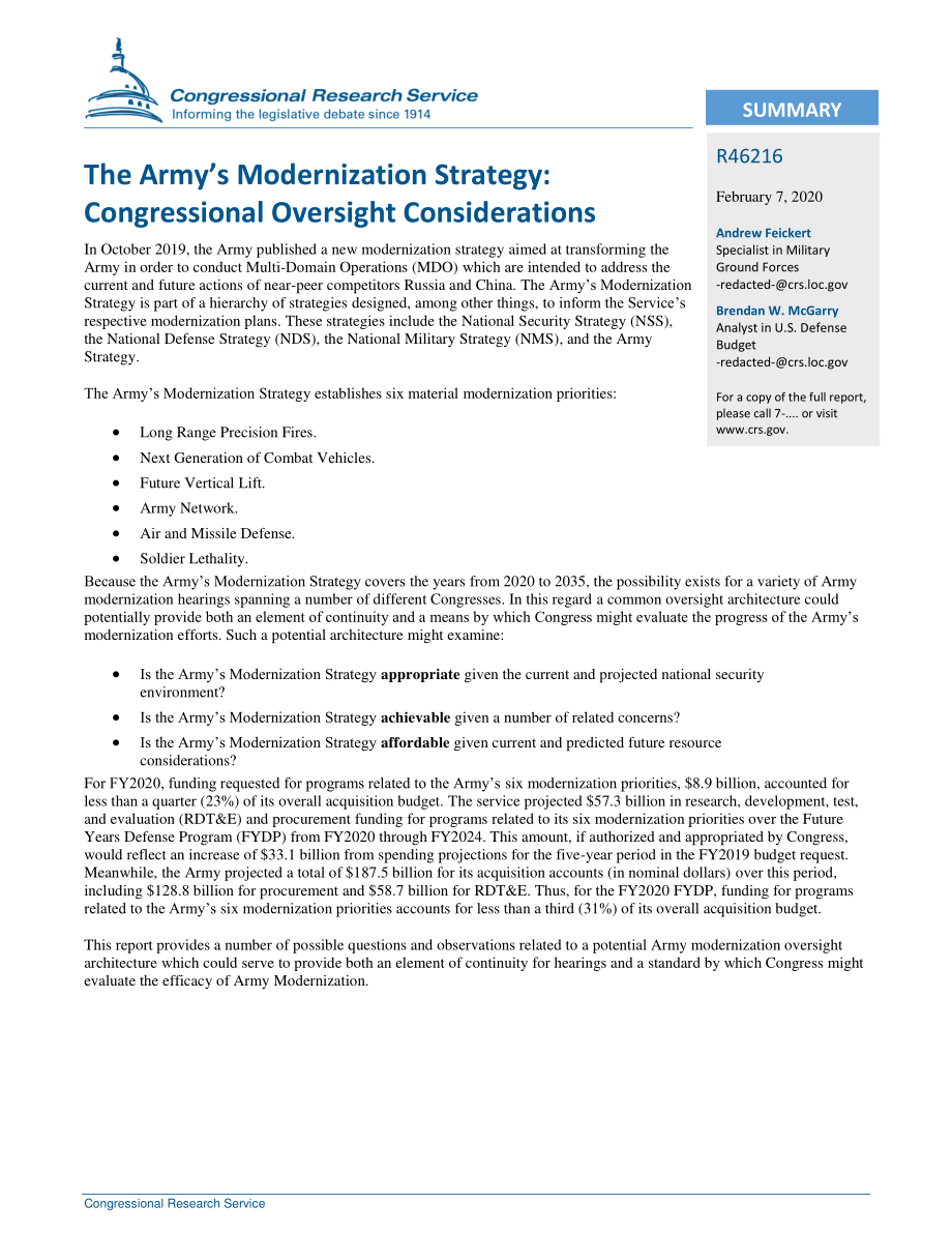 [20200207]R46216_陆军现代化战略：国会监督考虑.pdf_第2页