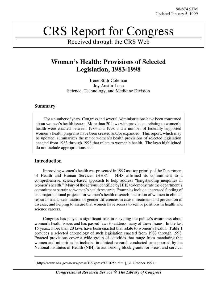 [19990105]98-874_妇女健康：1983-1998年部分立法的规定.pdf_第1页