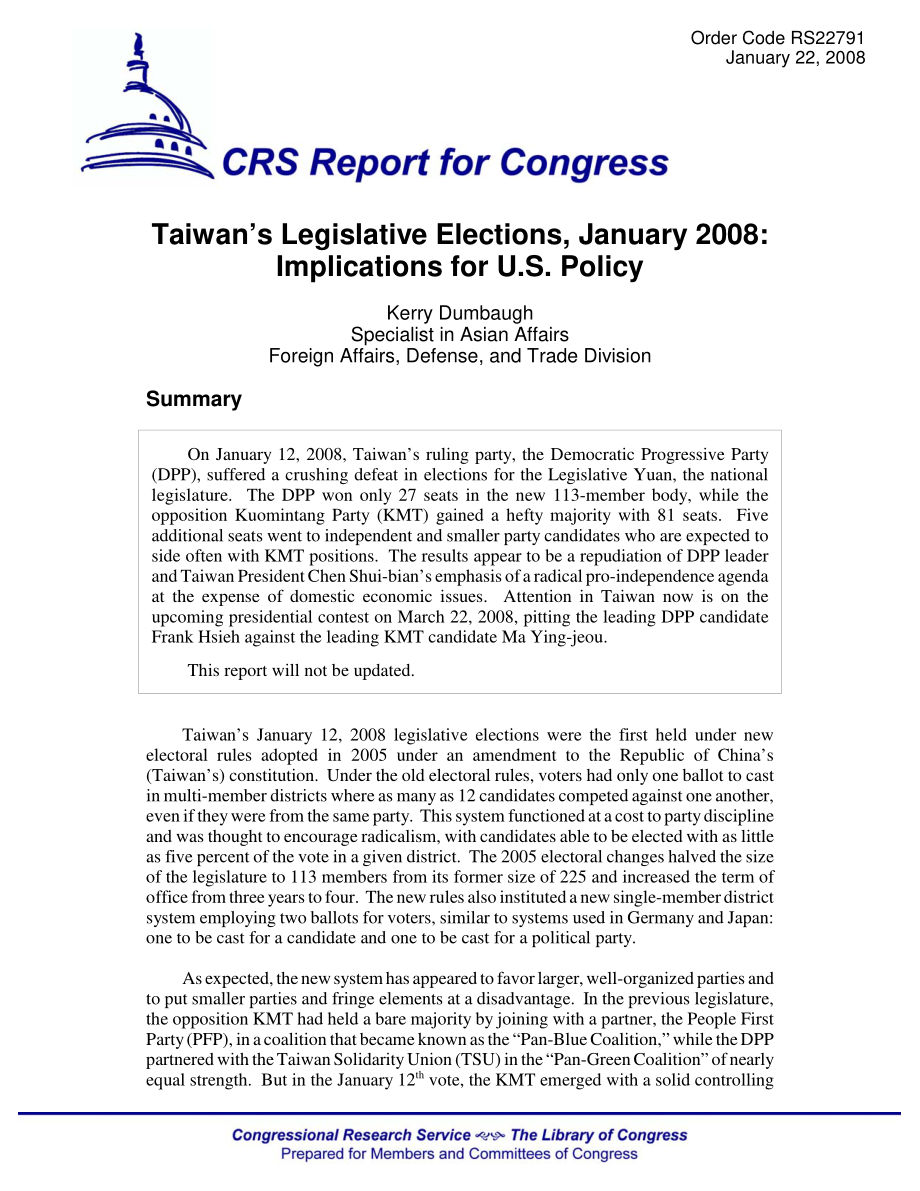 [20080122]RS22791_2008年1月台湾立法选举：对美国政策的影响.pdf_第1页